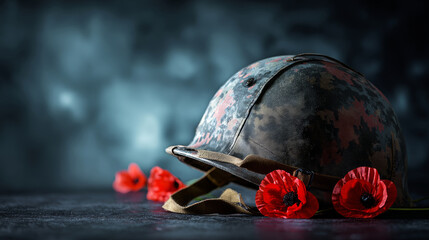 Naklejka premium Military camouflage helmet embodying remembrance and veteran sacrifice, with vibrant red poppy flowers