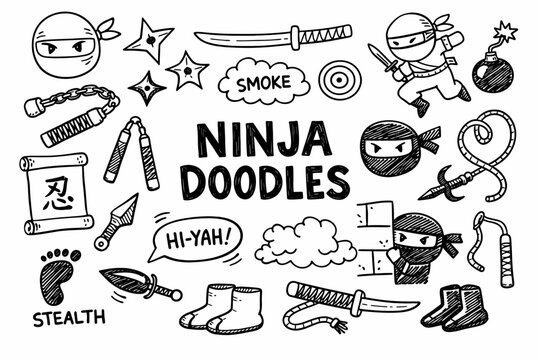 Ninja doodle illustration in black and white hand drawn outline style with stealth warrior weapons and japanese elements