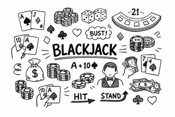 Obraz premium Blackjack doodle illustration in black and white hand drawn outline style with casino cards chips and gambling symbols