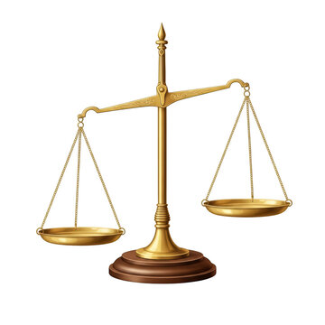 Classic wooden balance scale with golden weights and pan isolated on transparent background