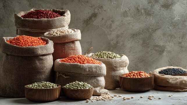 A collection of various legumes and grains in burlap sacks and wooden bowls on a rustic surface