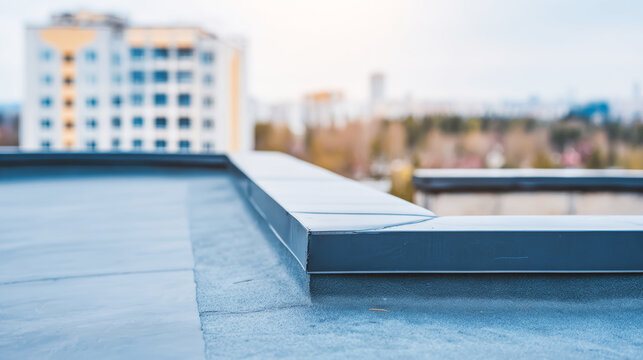 Modern apartment building roof edge showing dark metal trim, waterproofing and blurred city background