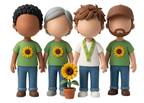 Eine Gruppe von f&uuml;nf unterschiedlichen Personen tr&auml;gt Sonnenblumen als Zeichen f&uuml;r Inklusion.