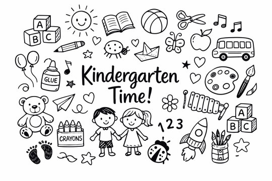 Kindergarten doodle illustration in black and white hand drawn outline style with school toys children and learning elements