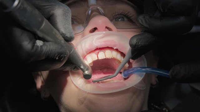 Close-up of a female patient with a mouth retractor during a professional oral hygiene procedure, with a dentist using a drill for polishing and removing plaque from the lower teeth