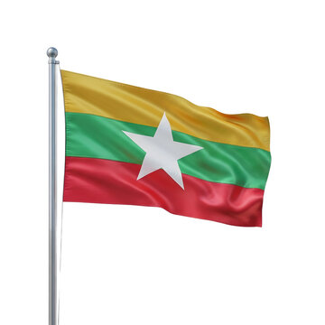 A realistic depiction of the national flag of myanmar waving gently in the breeze presented on transparent background high quality professional detailed modern