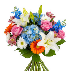 Obraz premium A bouquet of colorful flowers with roses and lilies isolated on transparent background