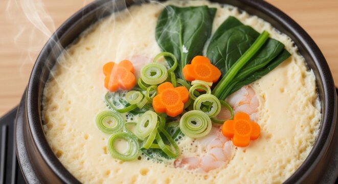 Steamed egg dish garnished vegetables