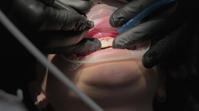 Dentist performing gingival contouring and electrocoagulation using an electrosurgical unit to reshape gum line and correct gingival zenith during cosmetic dental procedure
