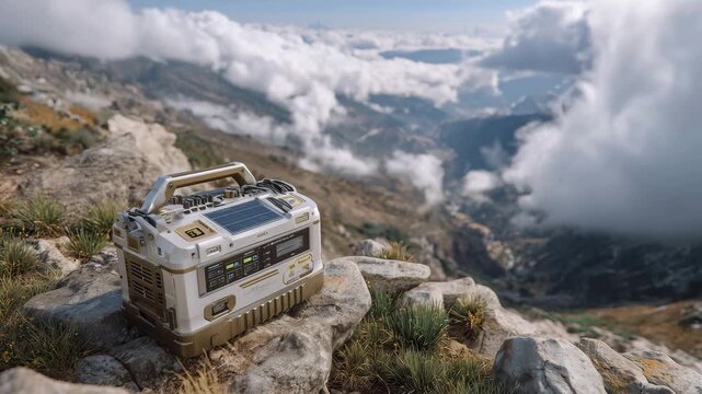 90Hyper-realistic outdoor power station on rocky cliff overlook, compact unit with durable handles, cables neatly arranged, sweeping valley view, dramatic clouds, wide-angle adventur