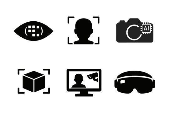 AI, facial recognition, camera, eye scan, object detection, security, augmented reality, technology, monitoring, smart glasses, solid black icon set vector illustration