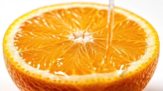 Close-up of a fresh orange slice with water dripping on it, in a bright studio.
