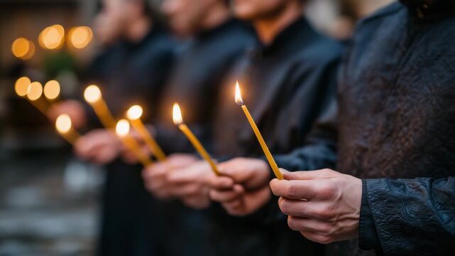 112Close-up of Orthodox believers holding slender beeswax candles during midnight Easter procession, warm light illuminating hands and wax texture