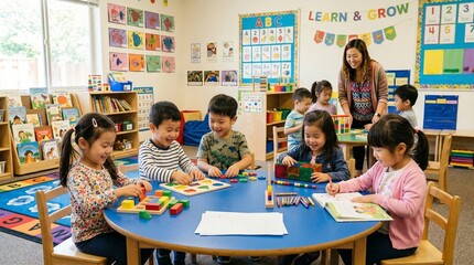 A group of children and a teacher in a classroom with colorful educational toys and decorations on the wall, learning and growing in a fun and interactive environment for preschool or kindergarten