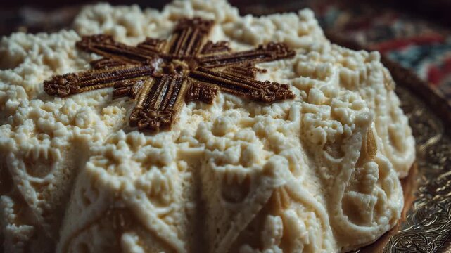 115Close-up of traditional paskha dessert molded with decorative religious symbols, creamy texture and intricate patterns highlighted