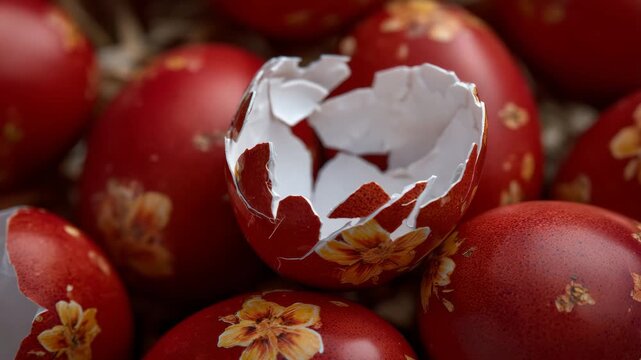 125Close-up of freshly cracked red Easter eggs revealing white shell interior in a festive Orthodox tradition