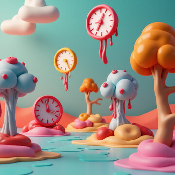 Surreal Landscape with Melting Clocks Draped Over Trees. Generative ai.