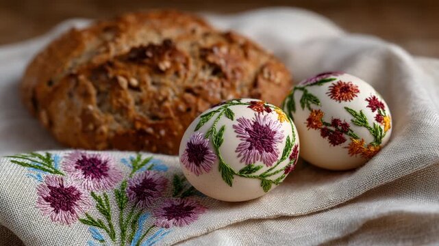 129Close-up of delicate embroidery patterns on a traditional Easter cloth beside bread and eggs