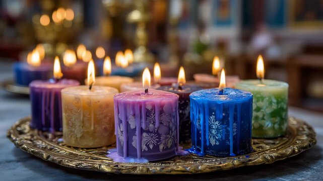 137Close-up of wax candles forming colorful patterns of dripping wax during Orthodox Easter service