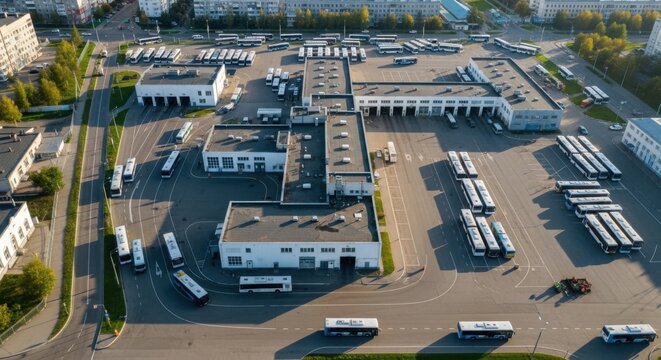 Busy Urban Bus Depot With Rows Of Buses Parked And Buildings