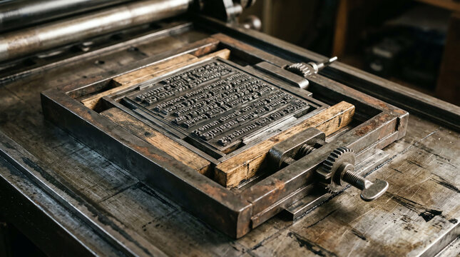 Metal chase frame with type and furniture locked up for printing