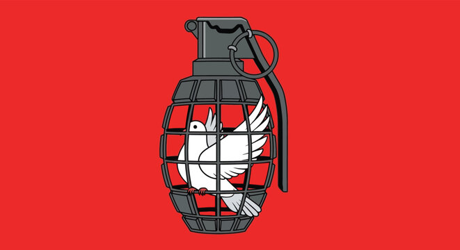 White dove trapped inside a dark gray hand grenade vector illustration on a vibrant red background