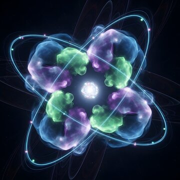 Vibrant atomic structure with colorful electron orbitals.