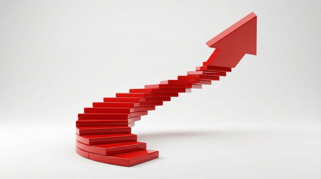 Red stairway arrow, growth concept, 3D rendering, business success, upward trend, progress and development, abstract design, corporate growth, success strategy, achievement, and motivation