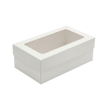 Small white paper gift box with a clear plastic window on top, isolated on transparent cutout png.