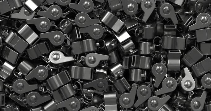 3D metal whistle transition animation with multiple dark metallic whistles sweeping across the screen. Ideal for sports, referee, training, school, emergency, and motion graphics projects. 4K UHD with