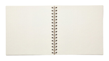 Blank spiral sketchbook showing two open pages with textured cream paper, isolated on white, Isolated on Transparent Background, png.