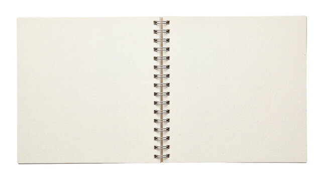Blank spiral sketchbook showing two open pages with textured cream paper, isolated on white, Isolated on Transparent Background, png.