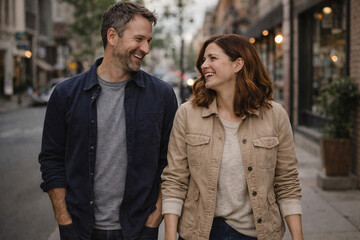 Fototapeta premium Couple walks together on city street in the evening, smiling and enjoying their time outside