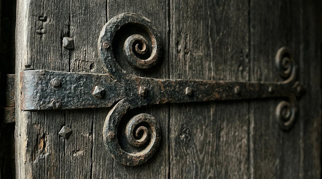 Massive medieval wrought iron door hinges with scrolled terminals on aged oak
