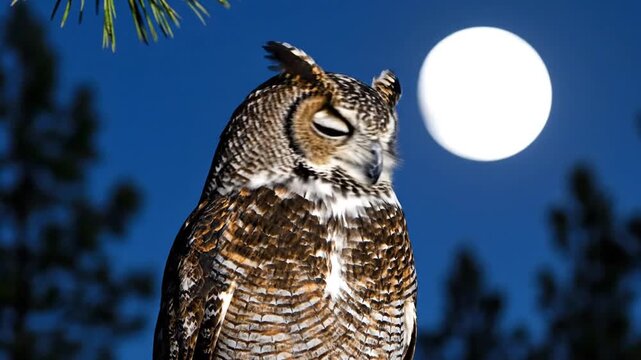 Large owl perching on a thick tree branch set against a serene and soft-focused forest background, showcasing detailed brown plumage and yellow eyes in natural outdoor lighting.