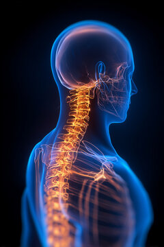 X ray style rendering of upper spine neck and head on dark background