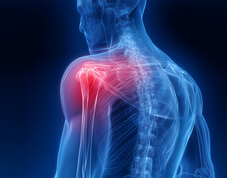 Man holding shoulder and back with highlighted pain area in x ray style