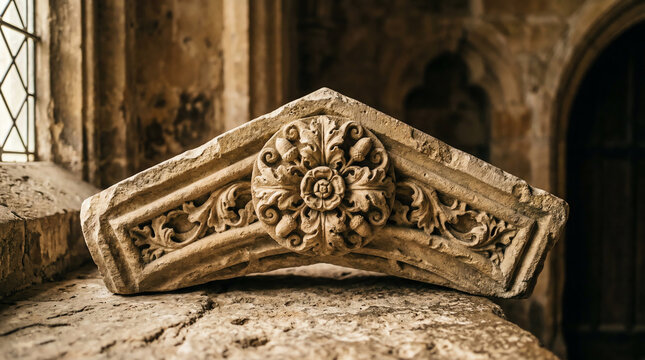 Carved limestone keystone with decorative boss from pointed Gothic arch