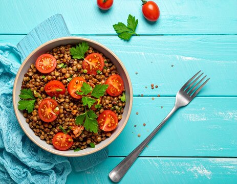 Taze domates ve maydanozla hazırlanmış sağlıklı bir mercimek salatası, parlak turkuaz renkli ahşap bir masa &uuml;zerinde bir kasede servis ediliyor