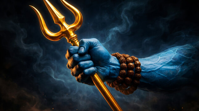 Detailed blue arm of mahadev holding a golden trishul with rudraksha bracelet in a dark smoky background for maha shivratri and maha shomvar spiritual worship