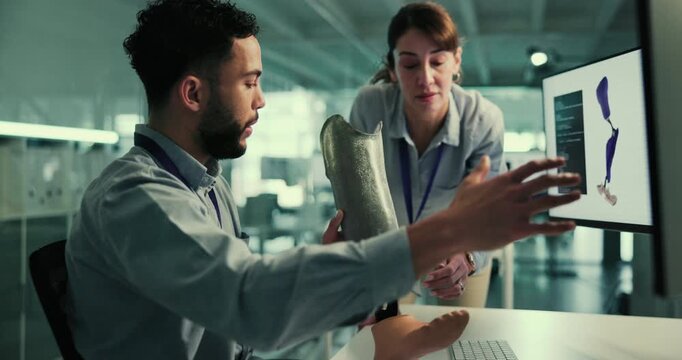 People, future or planning on computer for research, inclusive body part or leg prosthetic development. Prosthetist, teamwork or design for artificial limbs innovation, foot info or mobility feedback