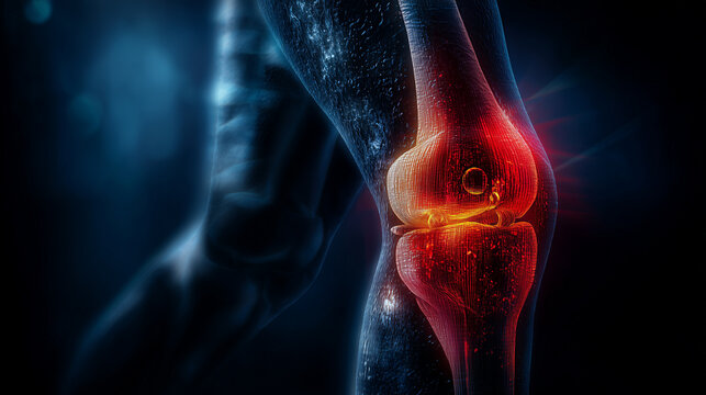 Comparative medical illustration of healthy knee and degenerative arthritis