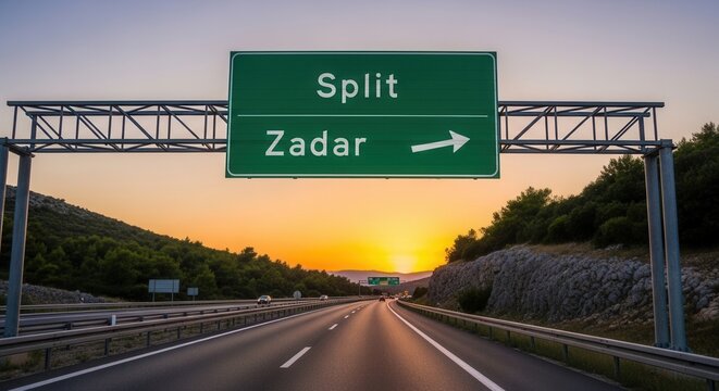 Coastal Highway Directional Sign At Sunset Towards Split And Zadar