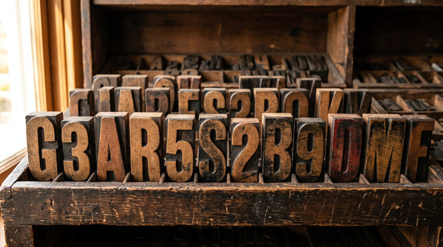 Large vintage wood type letters in various fonts standing in type cabinet