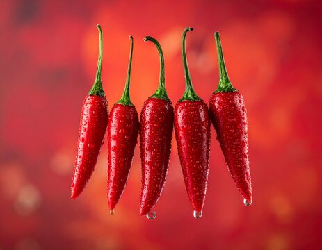 Bulanık kırmızı bir arka plan &uuml;zerinde su damlacıklarıyla kaplı d&ouml;rt kırmızı acı biber.