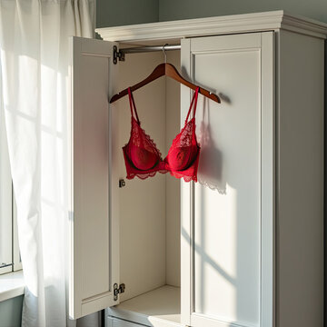 A red bra in a white closet.
