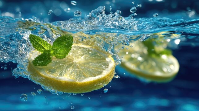 Lemon slices submerged in water with mint leaves creating refreshing visuals