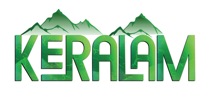 Keralam Typography Landscape with Mountains &ndash; Kerala India Travel Tourism Vector Illustration