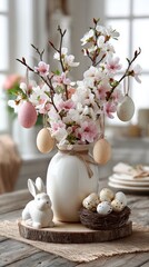 Obraz premium Decorative vase with cherry blossoms and hanging eggs on table