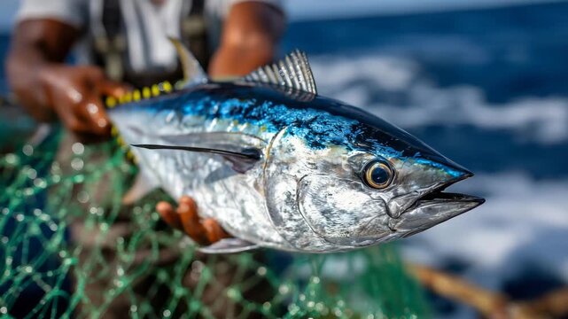 Ultra-high-detail close-up of a vibrant, freshly caught fish presented over a fishing net, strong hands supporting the catch, shimmering blue ocean stretching behind, balanced comp